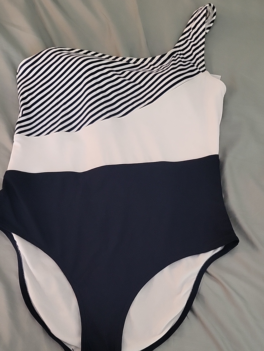 Kona Sol Navy and White Striped One-Shoulder Swimsuit